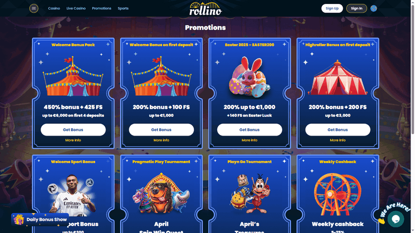 Rollino Casino Incentive - 450% as much as EUR6,000 + 325 Free Spins